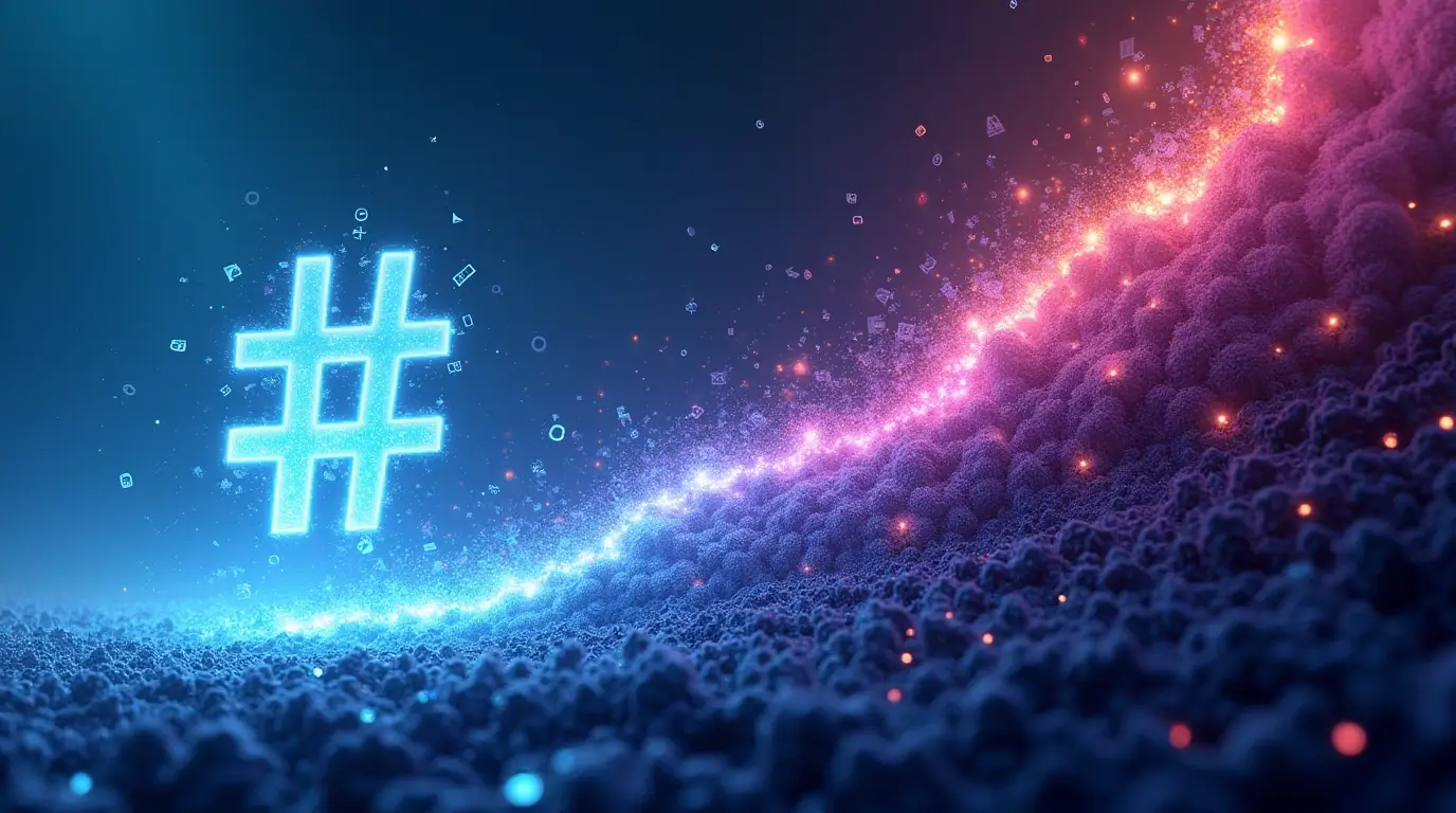 www.dailydazes.com: A dynamic, conceptual digital artwork illustrating the rise and fall of hashtags in social media. On the left side, a glowing, vibrant hashtag symbol (#) is surrounded by a burst of social media icons, notifications, and engagement symbols (likes, shares, comments) rising like a wave. In the center, the wave peaks, symbolizing the height of hashtag influence. On the right, the hashtags start to fade, becoming fragmented and dissolving into a chaotic sea of irrelevant content, spam, and algorithmic suppression. The background transitions from bright blue and purple hues (symbolizing digital success) to darker, muted tones representing decline. The overall composition conveys a sense of evolution, oversaturation, and eventual downfall in the digital space.
