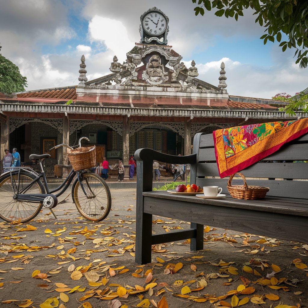 A photo of a crowded public space with people in a sri lankan background. The foreground contains a bench with a few items. There is a bicycle with a basket. The ground is covered with leaves. The background contains a building with a clock.